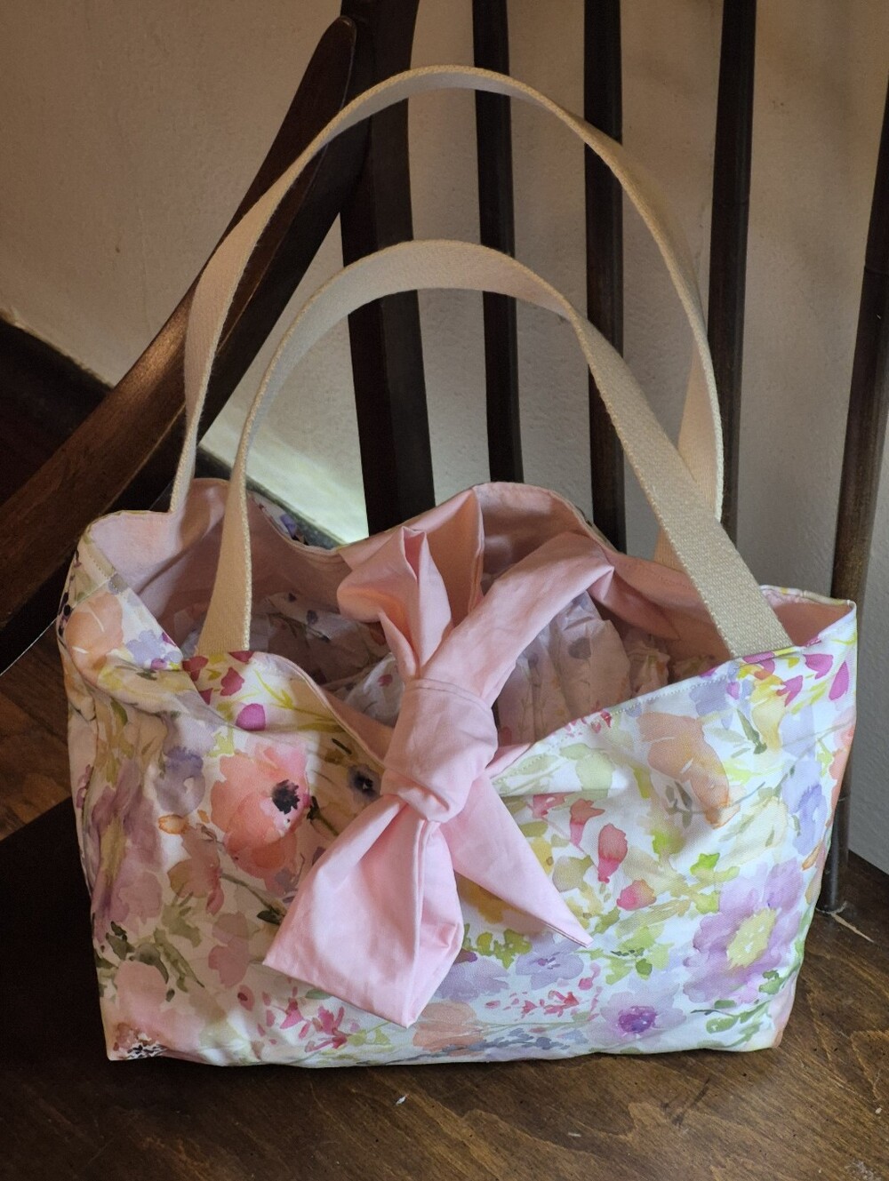 Very pretty Floral Pink Cotton Tote Or Book Bag with Bow Center Tie & Pocket